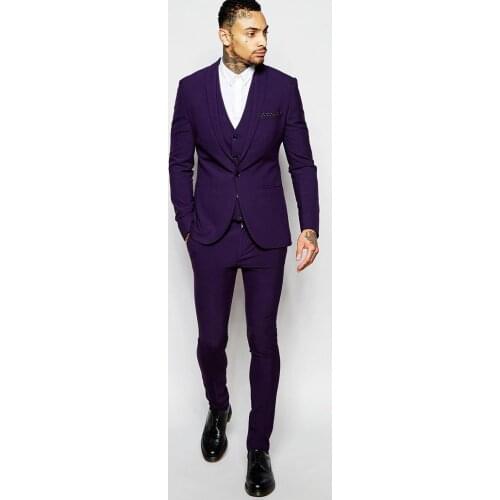Center Vent Groomsmen Shawl Lapel Groom Tuxedos Purple Men Suits Slim Fit Wedding Best Man Blazer (Jacket+Pants+Vest+Tie) C54