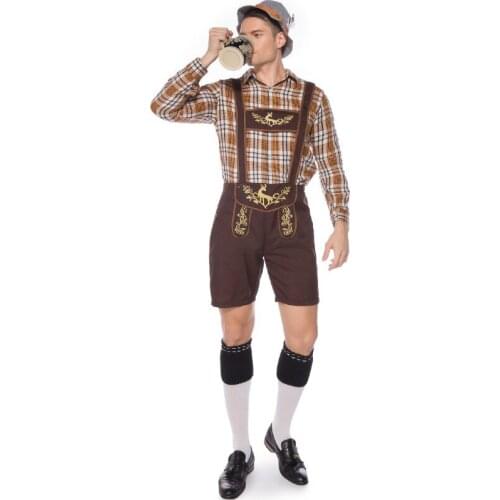 Men Bavarian Oktoberfest Cosplay German Beer Festival Costume Adult Halloween Costumes Hat+Top+Suspender Pants Sets C75579AD