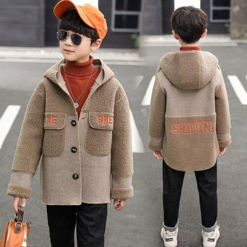 Autumn Children Outwear Wool Coat For Boys Winter Plus Velvet Thicken Hooded Jacket Boy Windbreaker Kids Clothes Overcoat Tops