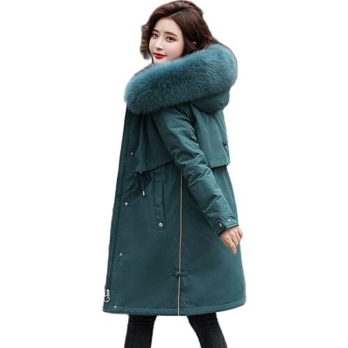 Women Winter Hooded Faux Fur Collar Drawstring Embroidery Long Warm Coat Puffer Jacket Cotton Padded Parkas Outwear Overcoat