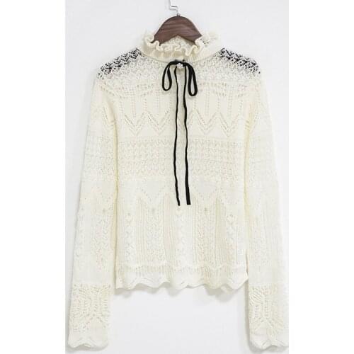 Hollow Sexy Breathable Bow Long-Sleeved Knit Top Sweater Women White Slim New Women Christmas Ruffles Pullover Clothes