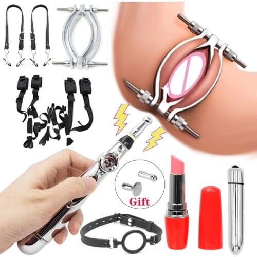 Electric Shock Vagina Pen BDSM Bondage Nipple Clamp Labia Clip Clit Stimulator Vibrator Bed Binding Strap Mouth Plug Sex Toy Set