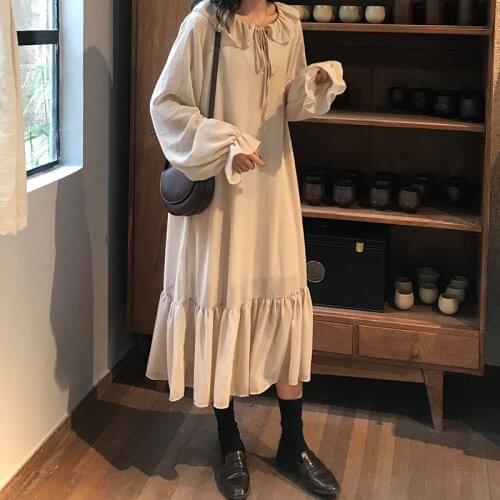 Snordic Women Autumn Peter Pan Collar Straight Loose Long Dot Dress Lacing Up Ruffle Hem Full Sleeve Pullover Midi Dresses