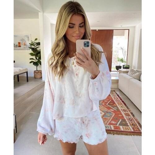 Long Sleeve Tops and Shorts 2 Piece Pajamas Set Sleepwear Alogant Womens Tie Dye Printed Ruffle Short Lounge Set