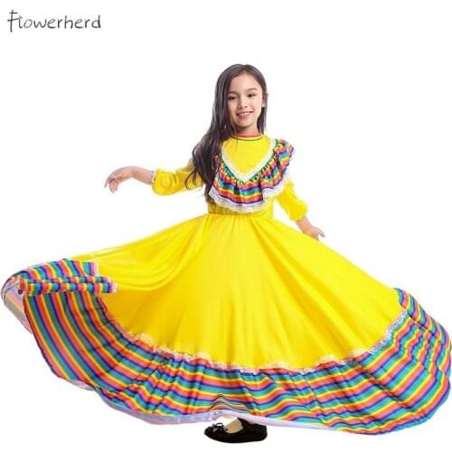 Traditional Mexican Girl Big Swing Dress Folk Dance Costume Childrens Day of The Dead Party Performance Costume Girls Clothes