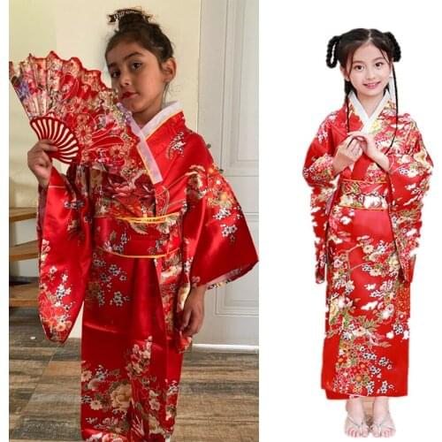 Japanese Kimono Yukata Girls Dresses National Japan Kimono Traditional Dress Satin Silk Oriental Bath Robe with Obi Performance