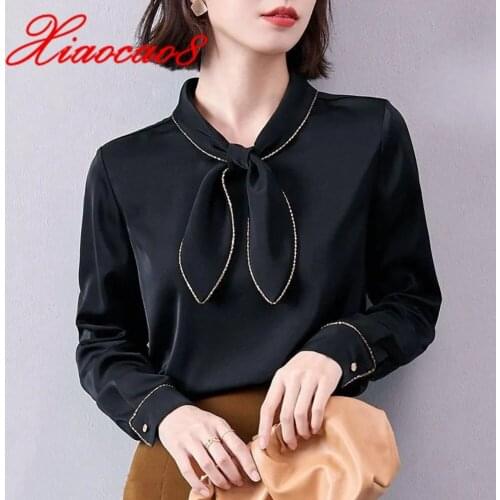 Elegant Women Long Sleeve Bow Blouse Spring Summer Female Full Tops Shirts Woman Solid Loose Blouses Plus Size Womens Clothing
