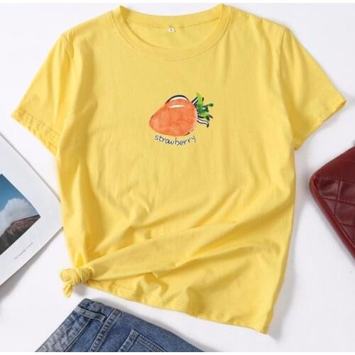 Cotton Summer Women T Shirt 5XL Plus Size Cartoon Strawberry Print Short Sleeve Lady Tees Tops Casual O-Neck Female Basic tShirt