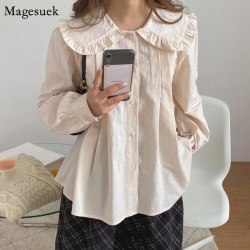 Turn-down Collar Button Cotton Womens Shirt Tops Long Sleeve Ruffles Loose Ladies Blouse Vintage Pleated Women Clothing 16190