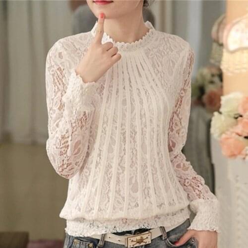 Crochet Womens Lace Blouse White Shirt Plus Size O-neck Floral Printed Blouses Elegant Blusas Mujer De Moda 2019 Spring New