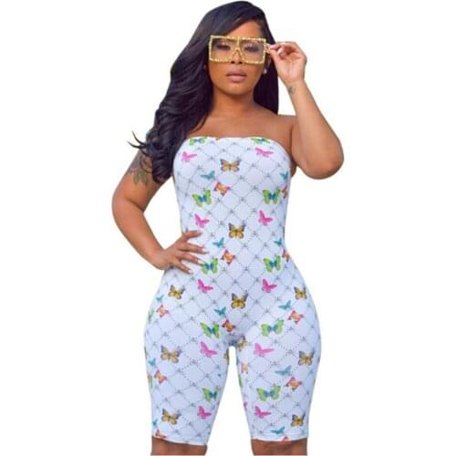 Plus Size S-2XL Sexy Women Strapless Butterfly printed Playsuit Bodycon Slim ElasticJumpsuits Evening Party wear