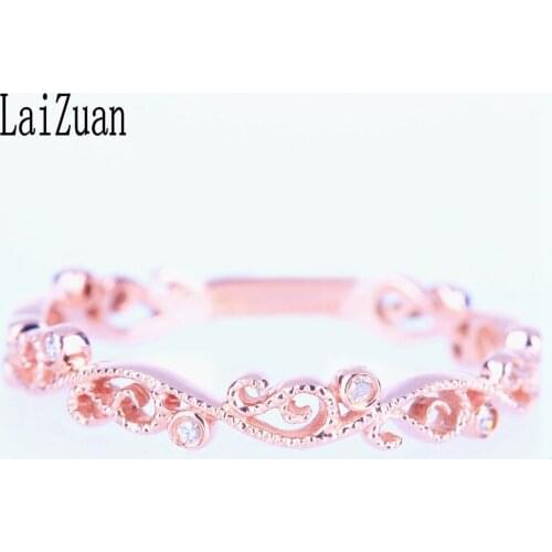 Solid 14K Rose Gold Bezel Set 100% Genuine Natural Diamond Ring Vintage Antique Milgrain Style Engagement Wedding Ring For Women