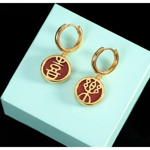 BOCAI 2021 Trend New Real s925 Silver Jewelry Gold-plated Southern Red Agate Joy Earrings ashionable and Simple Womens Earrings
