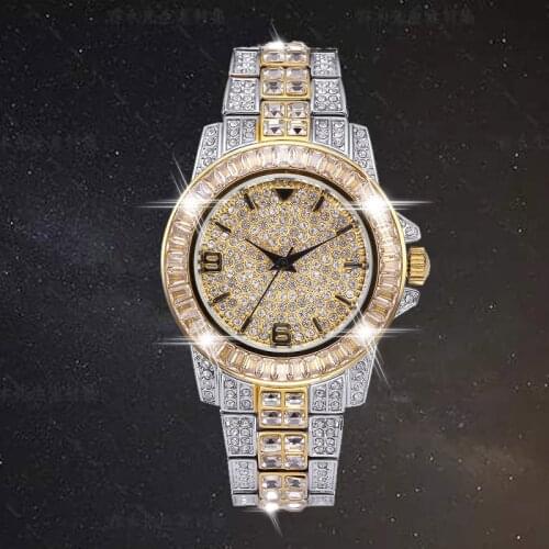 Luxury Bling Diamond Stones Mens Watch 18k Gold Plated Ice out Quartz Iced Wrist Watches for Men Male Waterproof Wristwatch