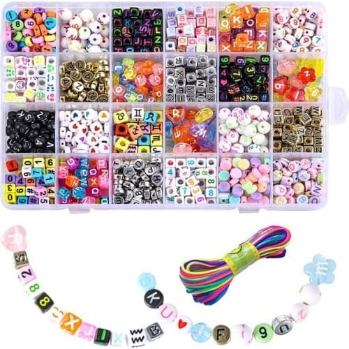 24 Grid Letter Pattern Beads Acrylic Colorful Large Hole Beads 1200Pcs Transparent Beads Combination Set With Rope Round Square