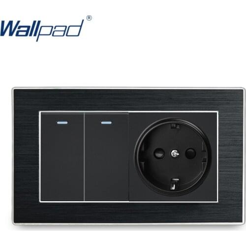 2 Gang 2 Way Switches with EU Socket Wallpad Luxury On Off Satin Metal Panel Rocker Wall Light Switch and EU Socket