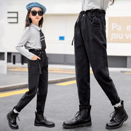 Spring Kids Girls Jeans Haren Casual Black Long Pants Stretch Comfortable Simple Autumn 2021 New Children Teenage Trousers 12 14