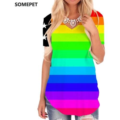 SOMEPET Rainbow T-shirt women Colorful V-neck Tshirt Novel Funny T shirts Art Shirt Print Womens Clothing Fashion Casual Tops