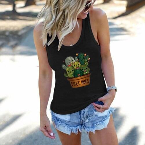 Free Hugs Funny Cactus Prickly Pear Print Women Tank Top Sleeveless Summer Loose Femme Vest Casual Shirt Camiseta Tirantes Mujer