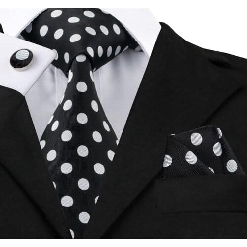 Hi-Tie Black Hanky Cufflinks Set 100% Silk Mens Tie Gold Dot Ties For Men Fashion Luxury Paisley Business Party Wedding Necktie