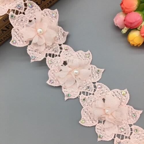 GXINUG 1 Yard Soluble Pearl Flower Multicolor Diamond Lace Trim Knitting DIY Wedding Embroidered Patchwork Ribbon Sewing