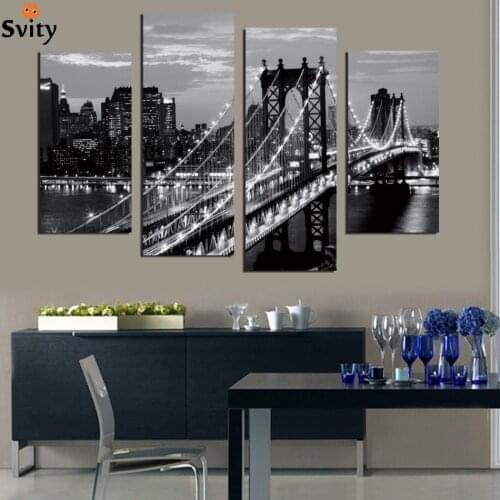 4 pieces Mordern wall picture canvas painting black&white bridge photo print decoration landscape art for living room no frame