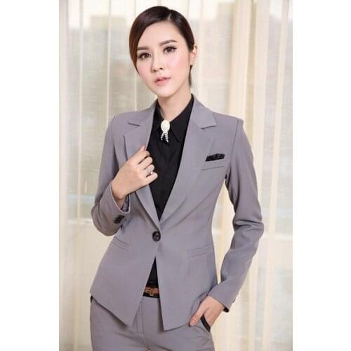 Womens Suits New 2015 Custom made Gray Fashion Formal Office Ladies Uniform Designs Woman Pant Suit
