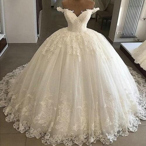Stunning Off the Shoulder Lace Ball Gown Wedding Dress Lace-up Back 50 cm train