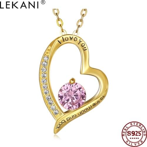 LEKANI 925 Sterling Silver Pendant Necklaces For Women Cubic Zirconia Romantic Heart Shaped Lettering Necklace Fine Jewelry