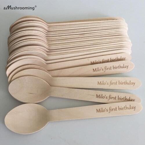 X50 Customized wood spoon Engraved spoons Biodegradable Disposable Dessert cake spoons Birthday Cake Dinner spoons eco-friendly