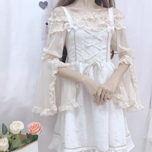 Kawaii Japanese Lolita dress soft sister lace Lolita tops a character collar Ji sleeve trumpet sleeve chiffon shirt women
