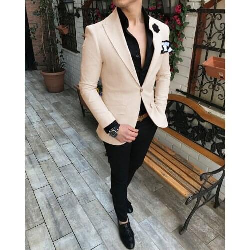 Beige Mens Suit 2 Pieces Slim Fit Notched Lapel V Neck Prom Derss Tuxedo for Wedding Groomsmen Suits Men 2019(Blazer+Pants)