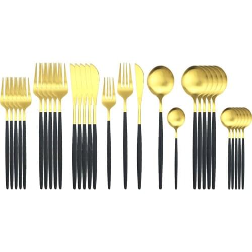 6Set/30Pcs Black Gold Cutlery Set Knife Fork Spoon Tableware Set Stainless Steel Dinnerware Set Kitchen Flatware Silverware Set