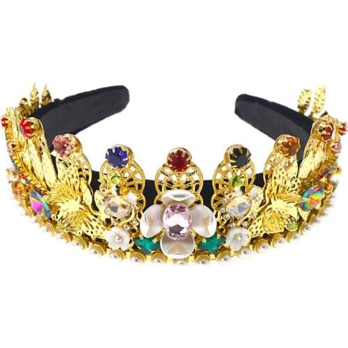 Wide Luxury Crown Vintage Hair Jewelry Yellow Crystal Headband Metal Colorful Hair Band Green Rhinestone Baroque Hairband
