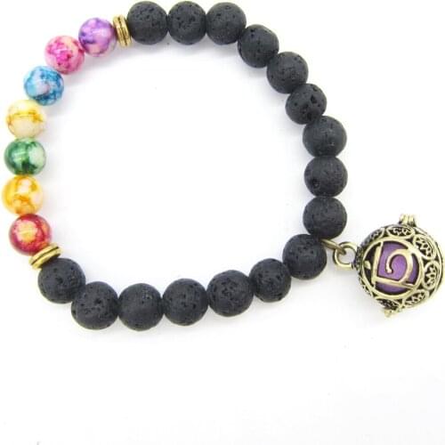 Rainbow Colorful Swirl Beads and Black Lava Stones Vintage Chakra Fashion Oil Diffuser Bracelet