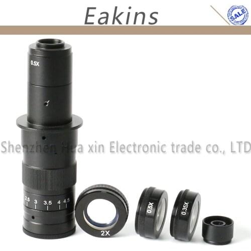 Adjustable 180X Zoom C-mount Lens+0.35X/0.5X/2.0X Barlow Auxiliary Lens + CCD COMS Video Microscope Camera 2X Eyepiece Lens