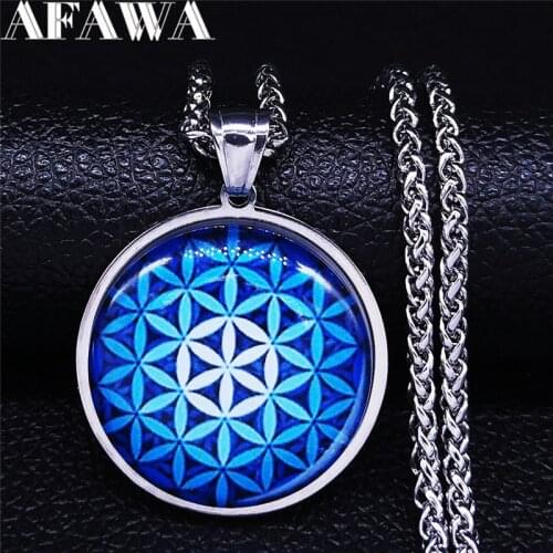 Blue Flower of Life Glass Stainless Steel Statement Necklace Men Silver Color Long Necklace Jewelry collares de mujer N5156S02