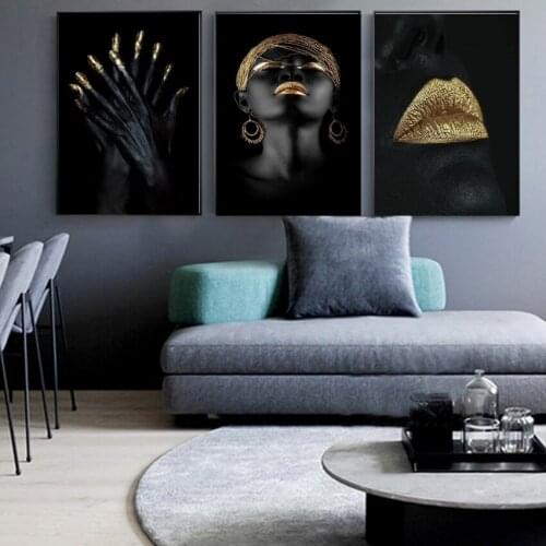 Modern Photo Pictures Black Sexy Girl Lips Gold Canvas Painting Wall Art For Living Room Home Decor Posters and Prints No Framed