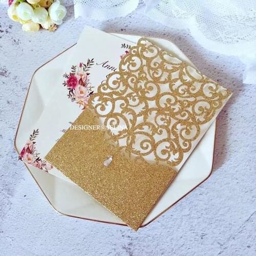 50pc Real Glitter Laser Cut Wedding Invitations with Diamond Gold Champagne Silver Floral Print Pocket Invites for Sweet Fifteen