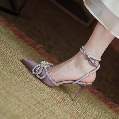 Sexy Crystal Cross Strap High Heel Pump Butterfly-knot Pointed Toe Celebrating Shoes Purple Black White Satin