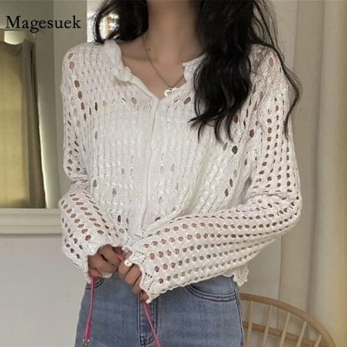 2021 Spring Knitted Top Female Hollow Out Casual Button Women Blouse Korean Long Sleeve Shirts Cardigan Female Clothing 13483