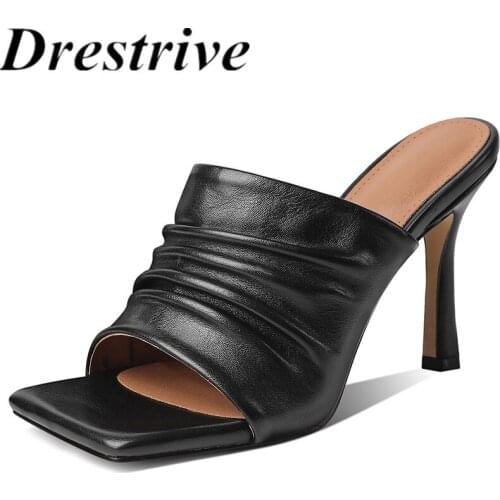 Drestrive PU Leather 2021 Summer Fashion Women Sandals Square Toe Pleated Brown Thin High Heel Shoes Manual Custom Slippers