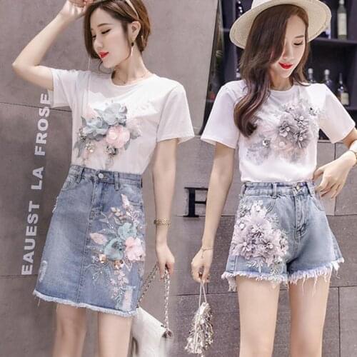 2021 Womens Summer Set Embroidery 3D Flower Short Sleeve T-shirt + Jean Skirt 2 Piece Set Female Tee Denim Skirt Outfits Q429