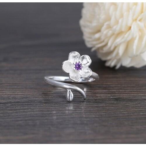DreamySky Real Silver Color Cherry Blossoms Flower Rings For Women Open Size Wedding Ring Beautiful Jewelry Drop Shipping