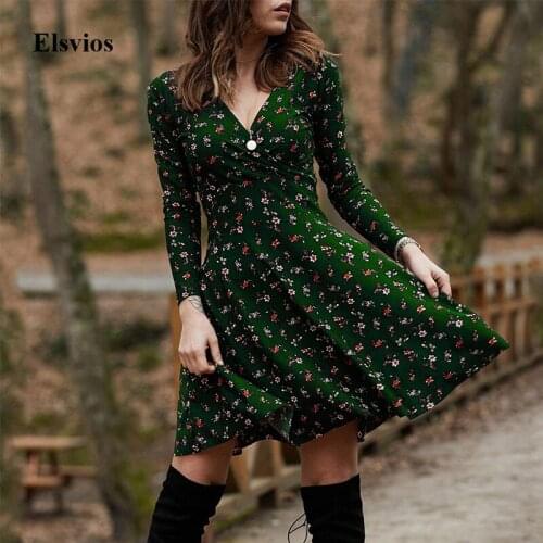 Vintage Floral Print A-Line Party Dress Women 2021 Spring Autumn V-Neck Loose Dress Casual Long Sleeve Lady Mini Dress Vestidos