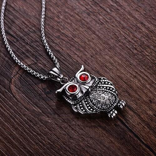 1 Vintage Long Pendant Owl Necklace 316L Stainless steel Red Crystal necklaces Animal Long Chain High Quality Jewelry Mens/Women