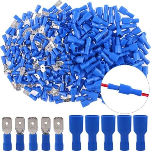 100pcs/50pairs 6.3mm 16-14AWG Female Male Electrical Wiring Connector Insulated Crimp Terminal Spade Blue FDFD2-250 MDD2-250