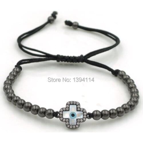 14*11*2mm Micro Pave CZ Hamas Shell Eye Square Cross Charm & 4mm Round Beads Braided Macrame Bracelet Jewelry