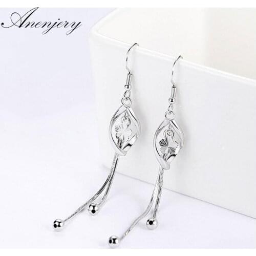 ANENJERY 925 Sterling Silver Drop Earrings For Women Plum Flowers Twist Tassel Earrings oorbellen brincos S-E413