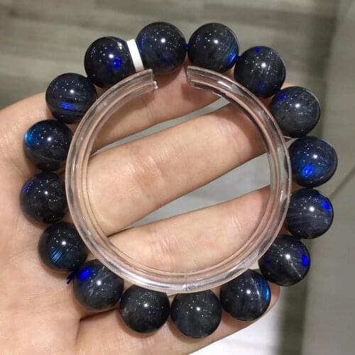 Natural Black Labradorite Blue Light Crystal Cat Eye Round Beads Bracelet 13mm Women Men Grey Moonstone Stone AAAAA